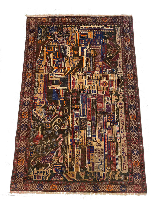 Unique hand woven abstract war rug. Many different symbols and shapes in earth tones. Perfect for a bedroom, study, kitchen or dining room. Available from King Kennedy Rugs Los Angeles