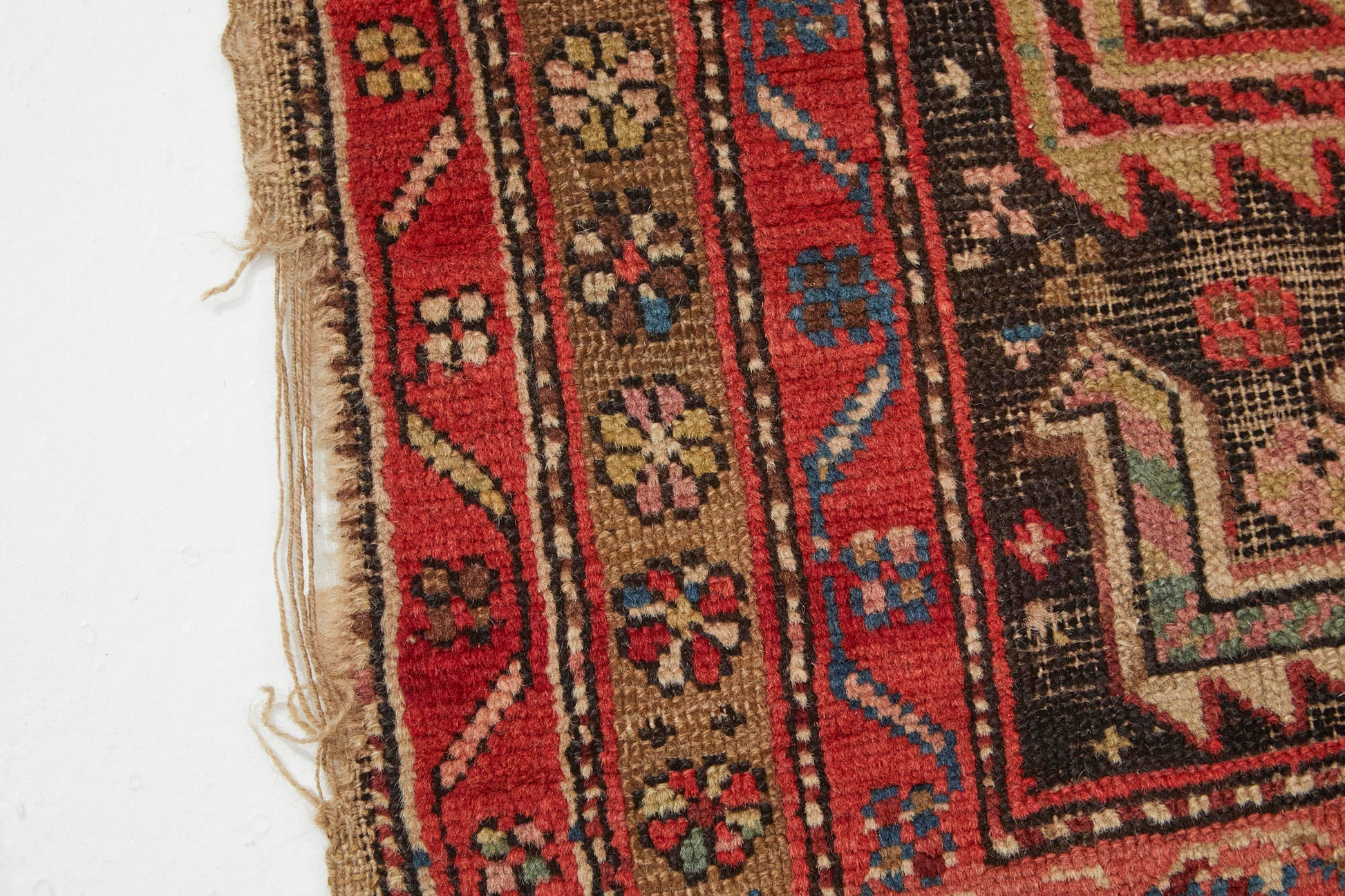 hand woven antique Akstafa Prayer Rug in red, tan, dark brown, blue and cream colors - Available from King Kennedy Rugs Los Angeles