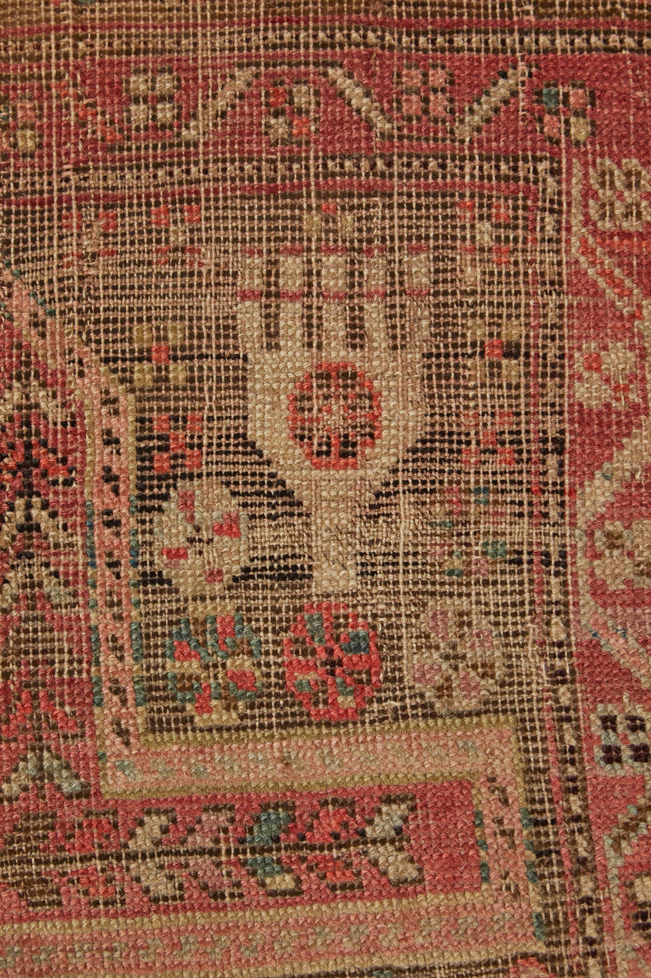 hand woven antique Akstafa Prayer Rug in red, tan, dark brown, blue and cream colors - Available from King Kennedy Rugs Los Angeles