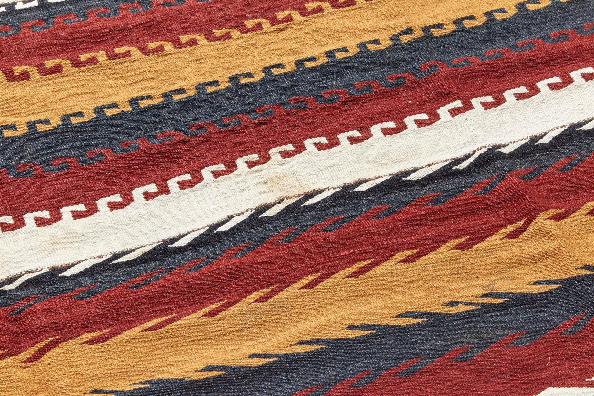Antique Kilim Turkish rug with red, grey, gold and cream stripes. Hand woven piece, perfect for a living room, bedroom or kitchen - Available from King Kennedy Rugs Los Angeles
