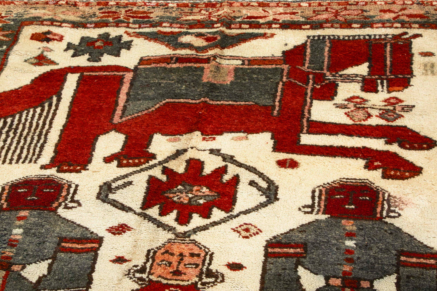 Hand woven vintage Afghan Pictorial Rug - Runner area rug depicting figures and riders on horseback - Available from King Kennedy Rugs Los Angeles