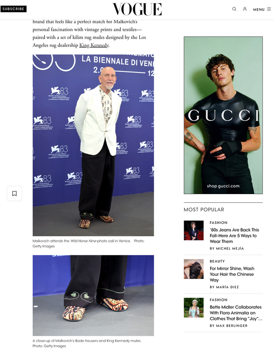 John Malkovich in our Rug Mules in Venice & Vogue