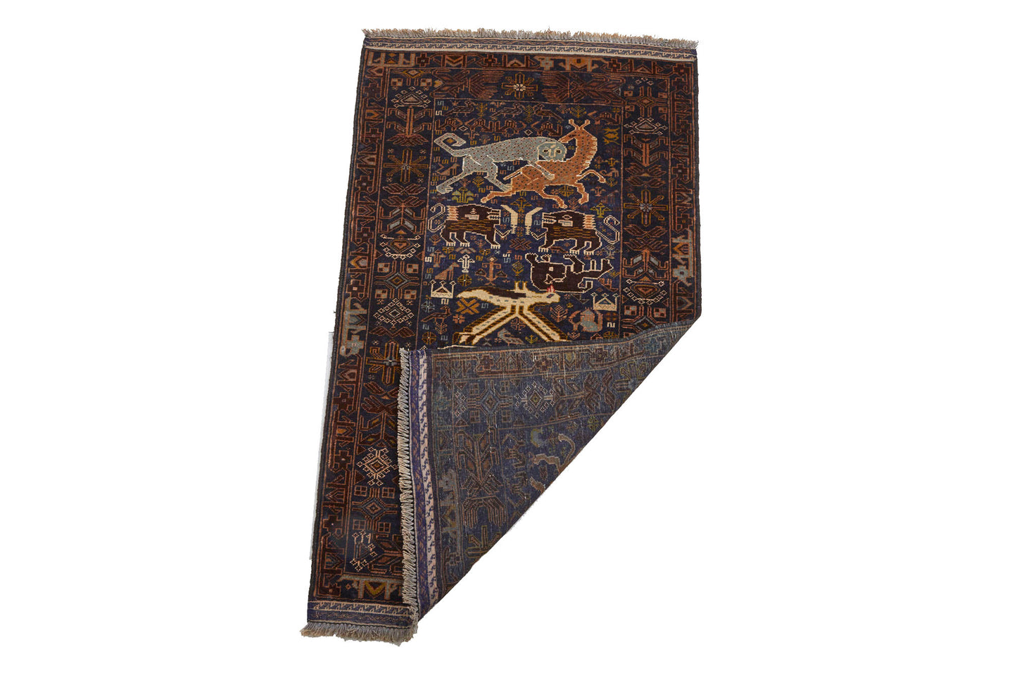 Handwoven Afghan Shikargah pictorial rug depicting leopard or tiger attacking a deer on dark blue background, surrounded by symbols -  Available from King Kennedy Rugs Los Angeles