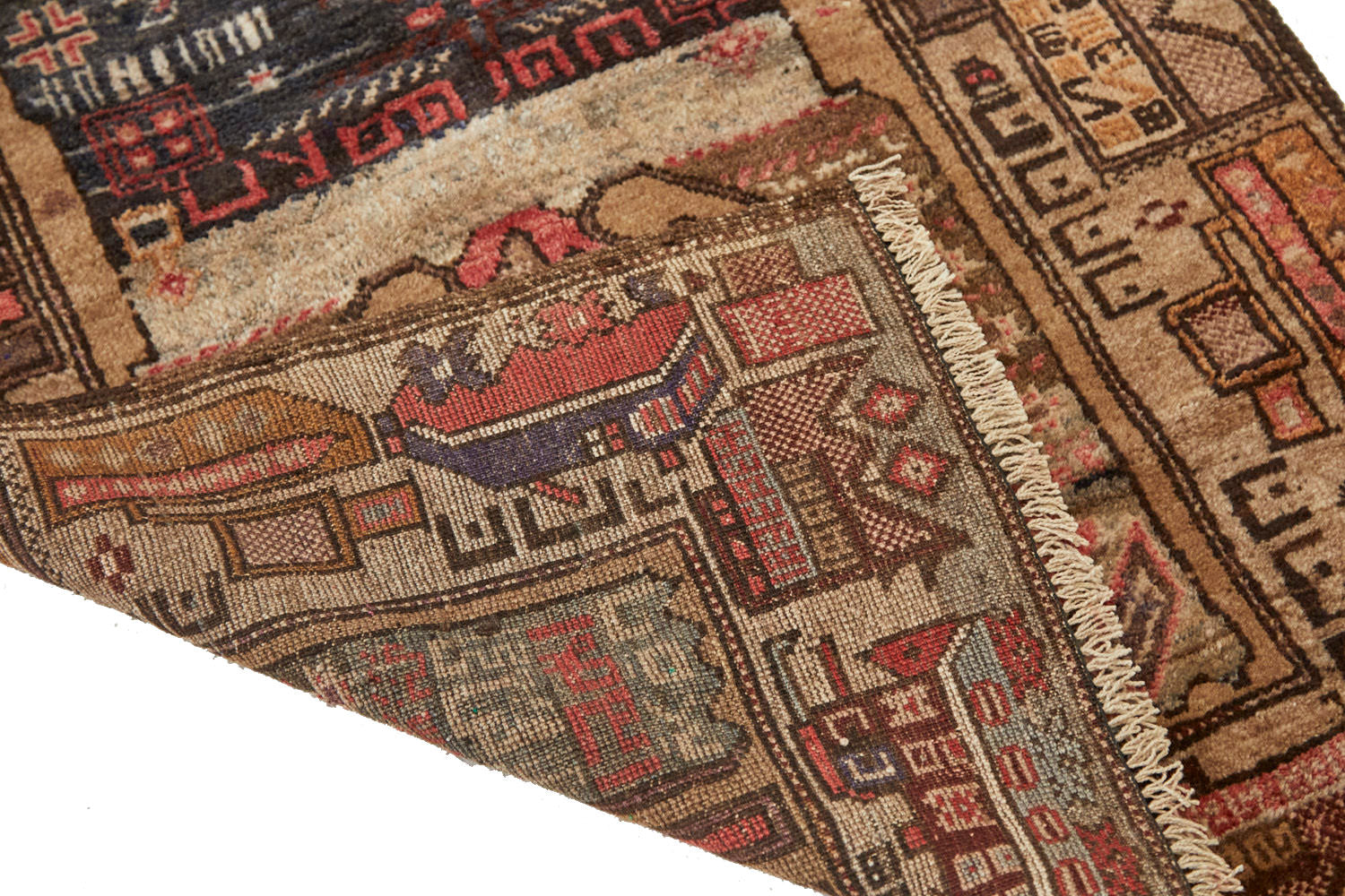 Front and back of vintage Afghan War Rug with earthy tones, tan base with brown and pink designs, beautiful details for office, kitchen or living room rug - Available from King Kennedy Rugs Los Angeles