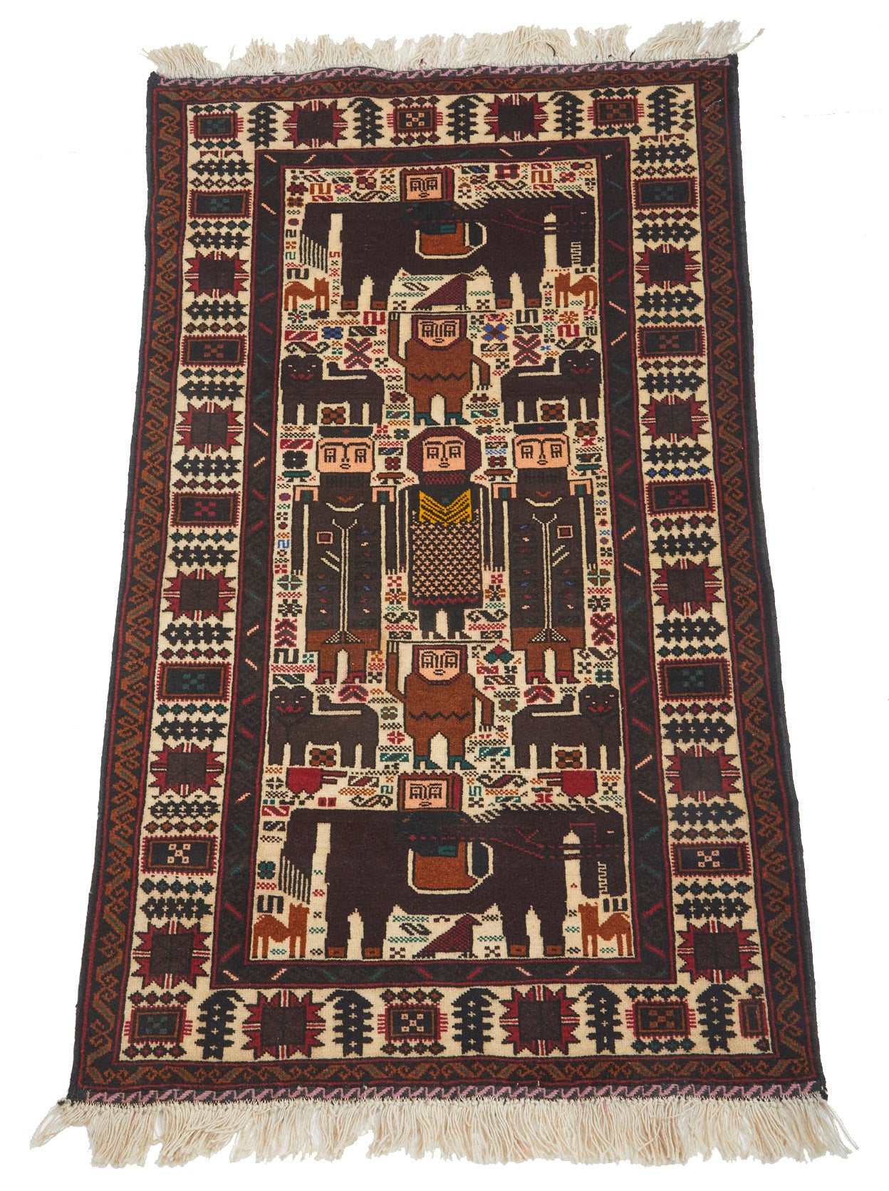 Hand woven Afghan Pictorial Rug depicting horses and people in natural brown and cream tones - Available from King Kennedy Rugs Los Angeles