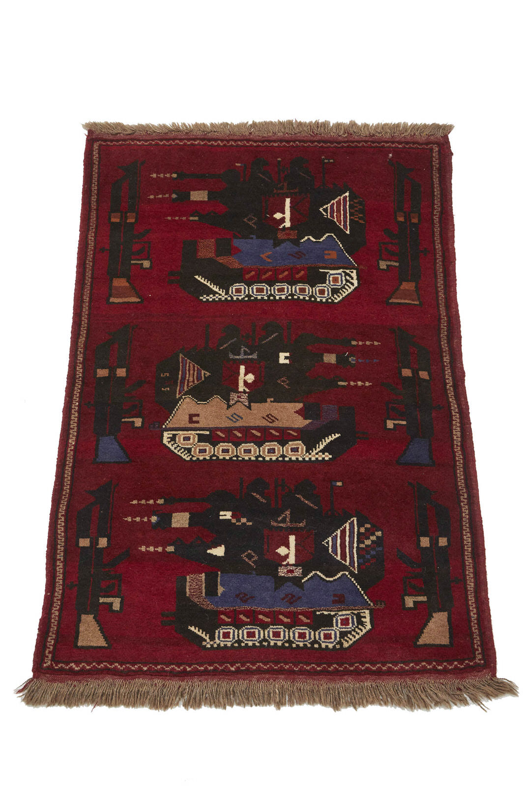 Red hand woven Afghan War Rug with red base and blue, brown, cream and tan tanks and weapons - Available from King Kennedy Rugs Los Angeles