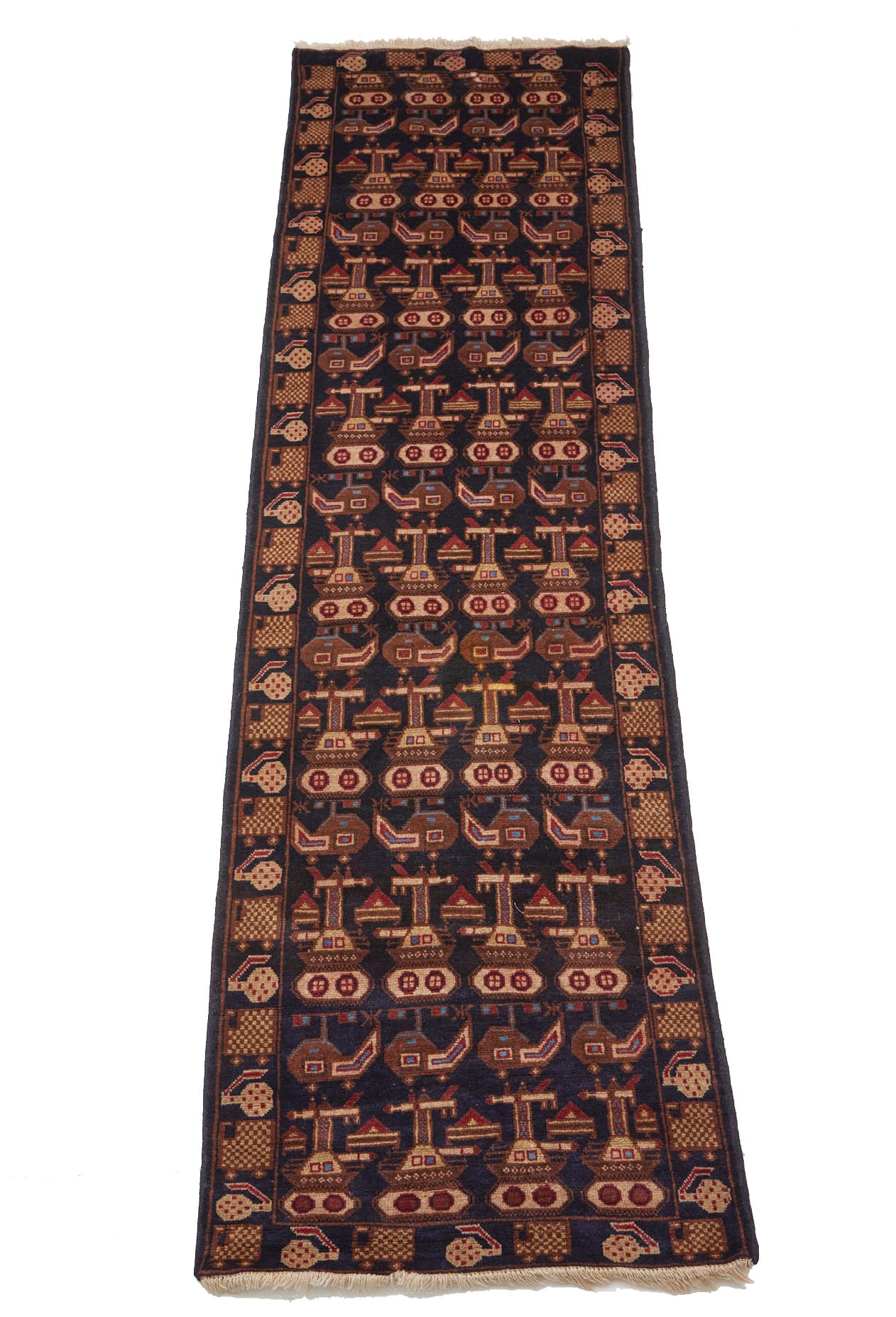 Hand woven Afghan War rug runner with dark base and tan, red and blue tanks and helicopters woven throughout - Available from King Kennedy Rugs Los Angeles
