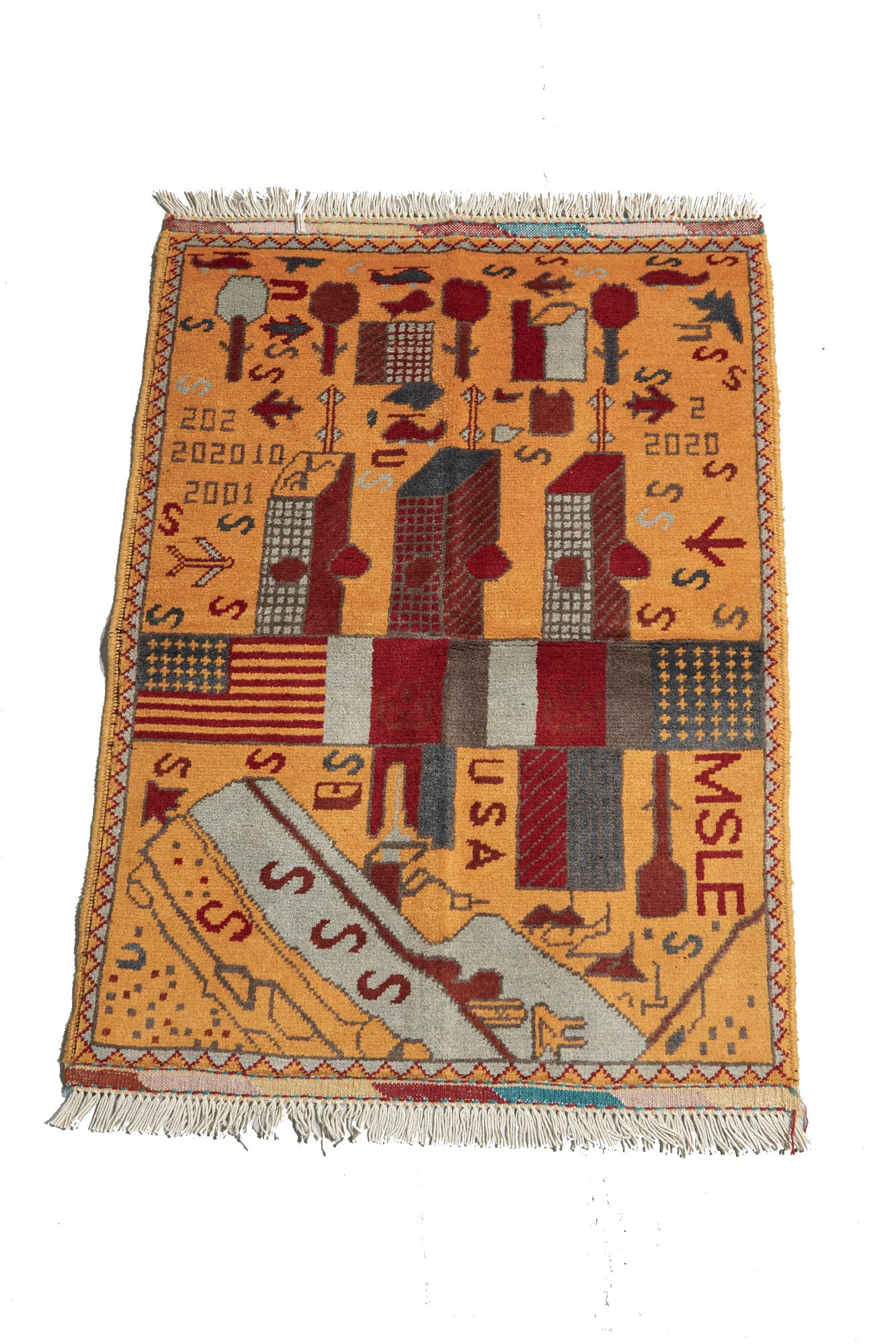 Afghan War Rug - Handwoven with images of twin towers, planes, helicopters available from King Kennedy Rugs Los Angeles 
