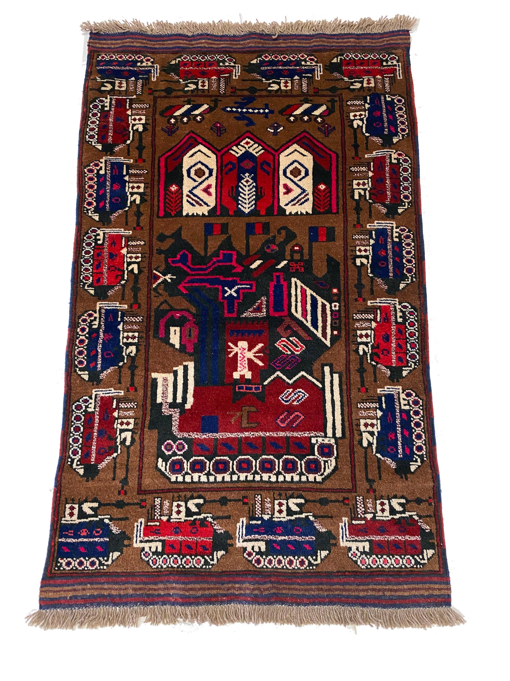 Hand woven Afghan War Rug with tan base and vibrant blue, red and cream tanks and symbols throughout - Available from King Kennedy Rugs Los Angeles
