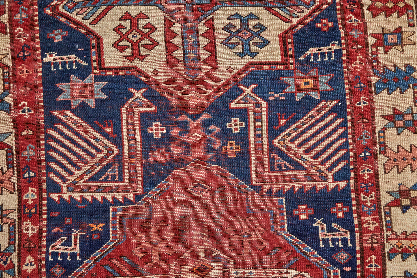 Antique hand woven Akstafa Persian Rug Runner - red, blue and cream with four medallions and bird shapes throughout - Available from King Kennedy Rugs Los Angeles 