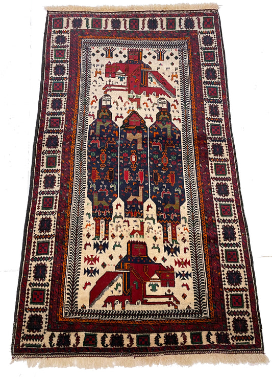 Afghan pictorial rug with cream base and three figures in blue cloaks across the middle, figures with crowns on horses at the top and bottom of rug woven in deep blue and reds