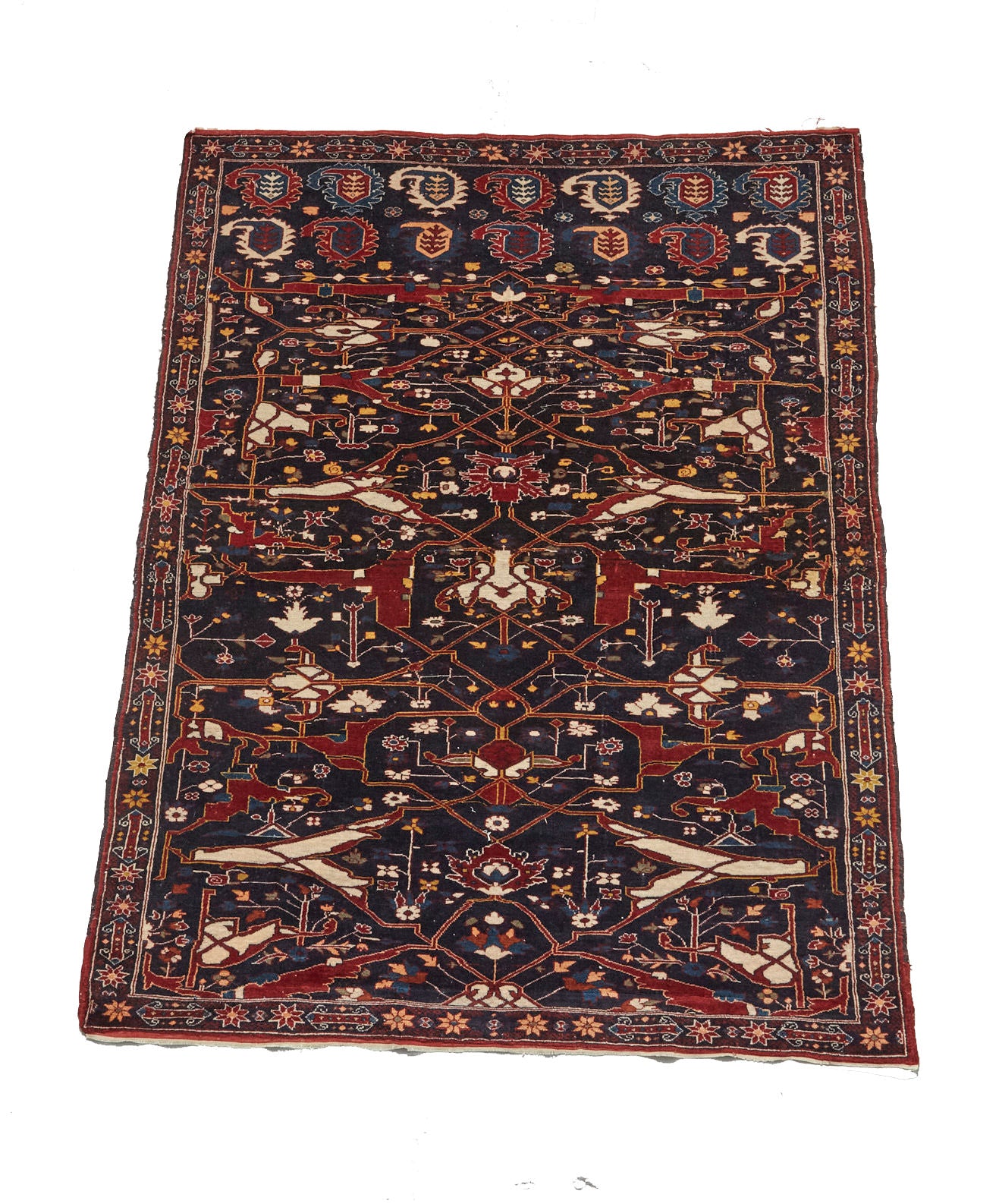 Antique Bidjar Persian Rug Sampler, hand woven with dark blue base and red, cream, gold and lighter blue shapes, beautiful piece in excellent condition for a study, bedroom or foyer rug - Available from King Kennedy Rugs Los Angeles
