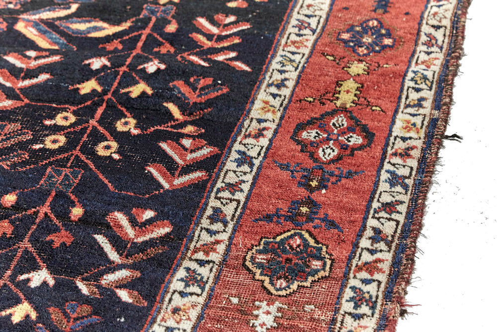 Border detail - Antique hand woven Caucasian rug, depicting three clusters of roses. Beautiful dark blue base with red and cream roses. Red border with cream, gold and brown shapes. Perfect for a bedroom or study. Available from King Kennedy Rugs Los Angeles