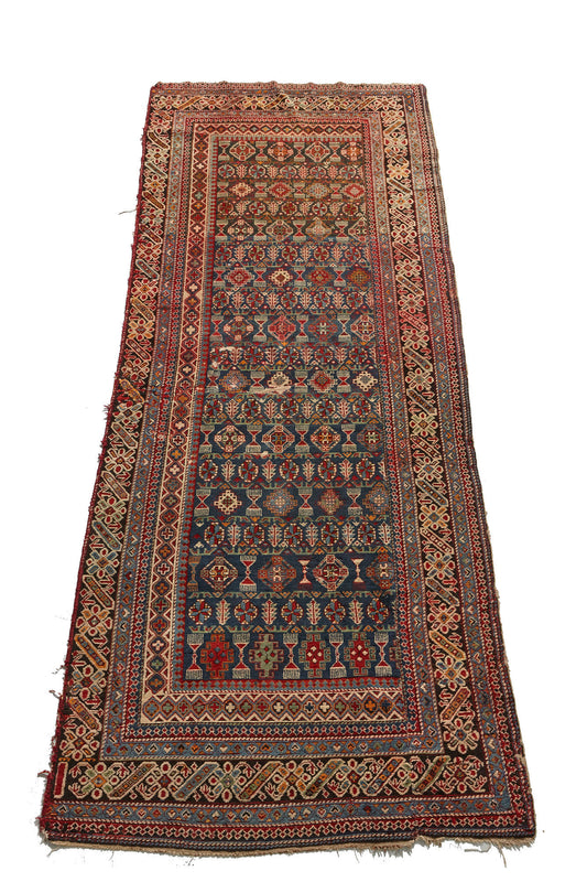 Chi chi antique Persian Rug runner with blue, red and cream designs intricately hand woven throughout, perfect for a hallway, living room or study - Available from King Kennedy Rugs Los Angeles