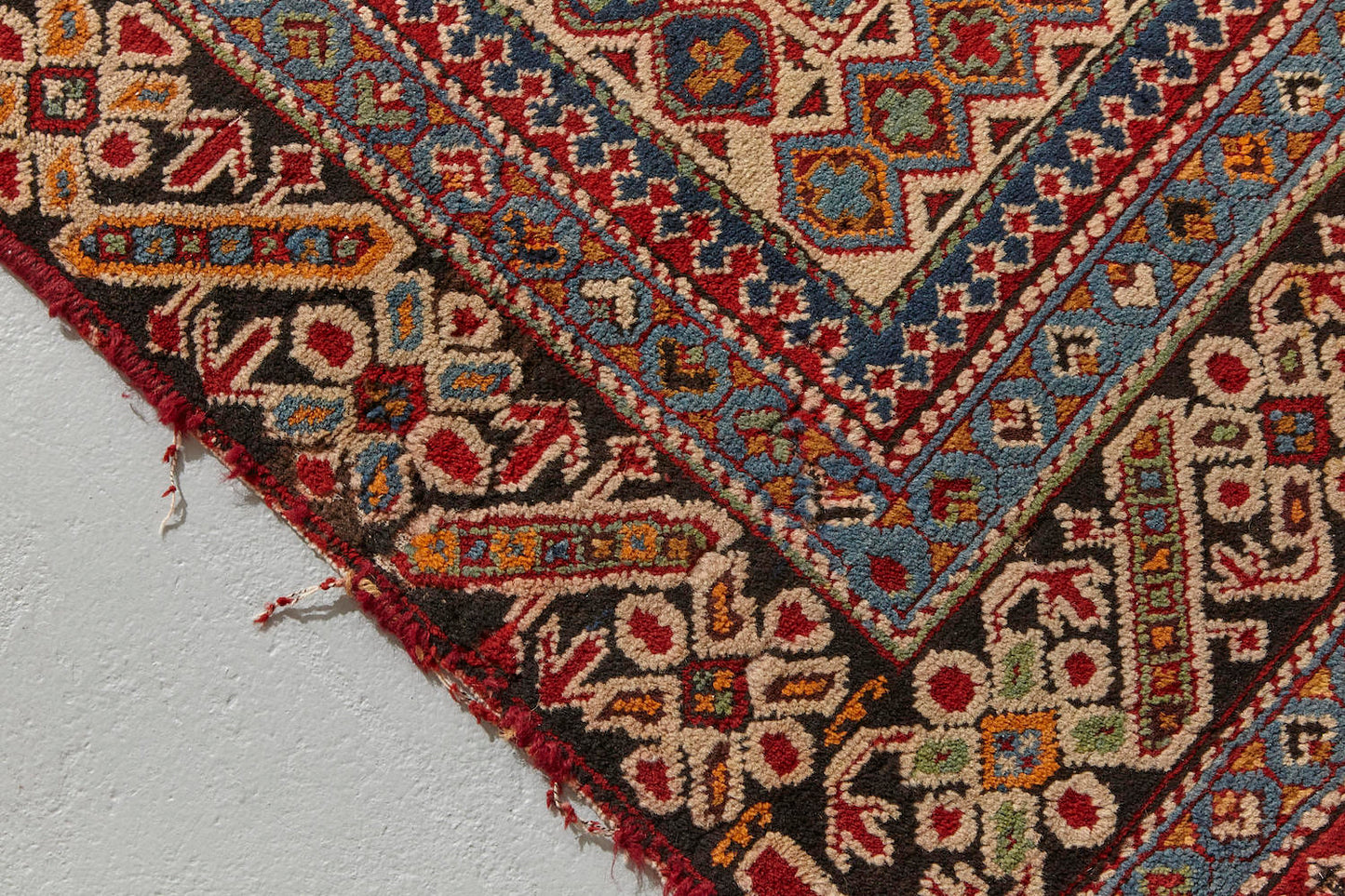 Chi chi antique Persian Rug runner with blue, red and cream designs intricately hand woven throughout, perfect for a hallway, living room or study - Available from King Kennedy Rugs Los Angeles