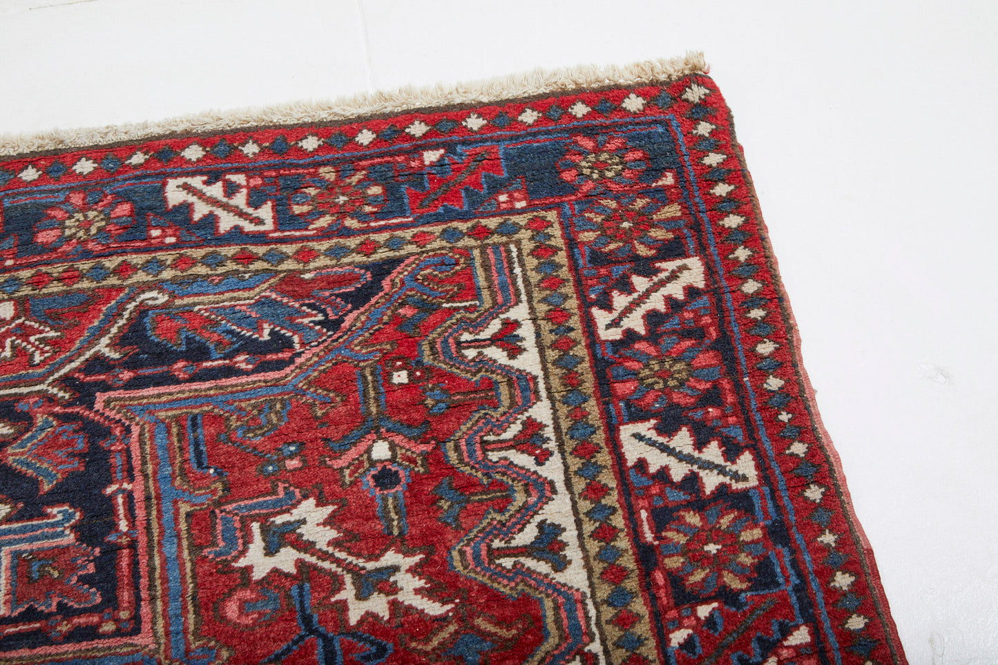 Red, Pink, Blue and White hand woven Heriz sampler Persian Rug - Available from King Kennedy Rugs Los Angeles