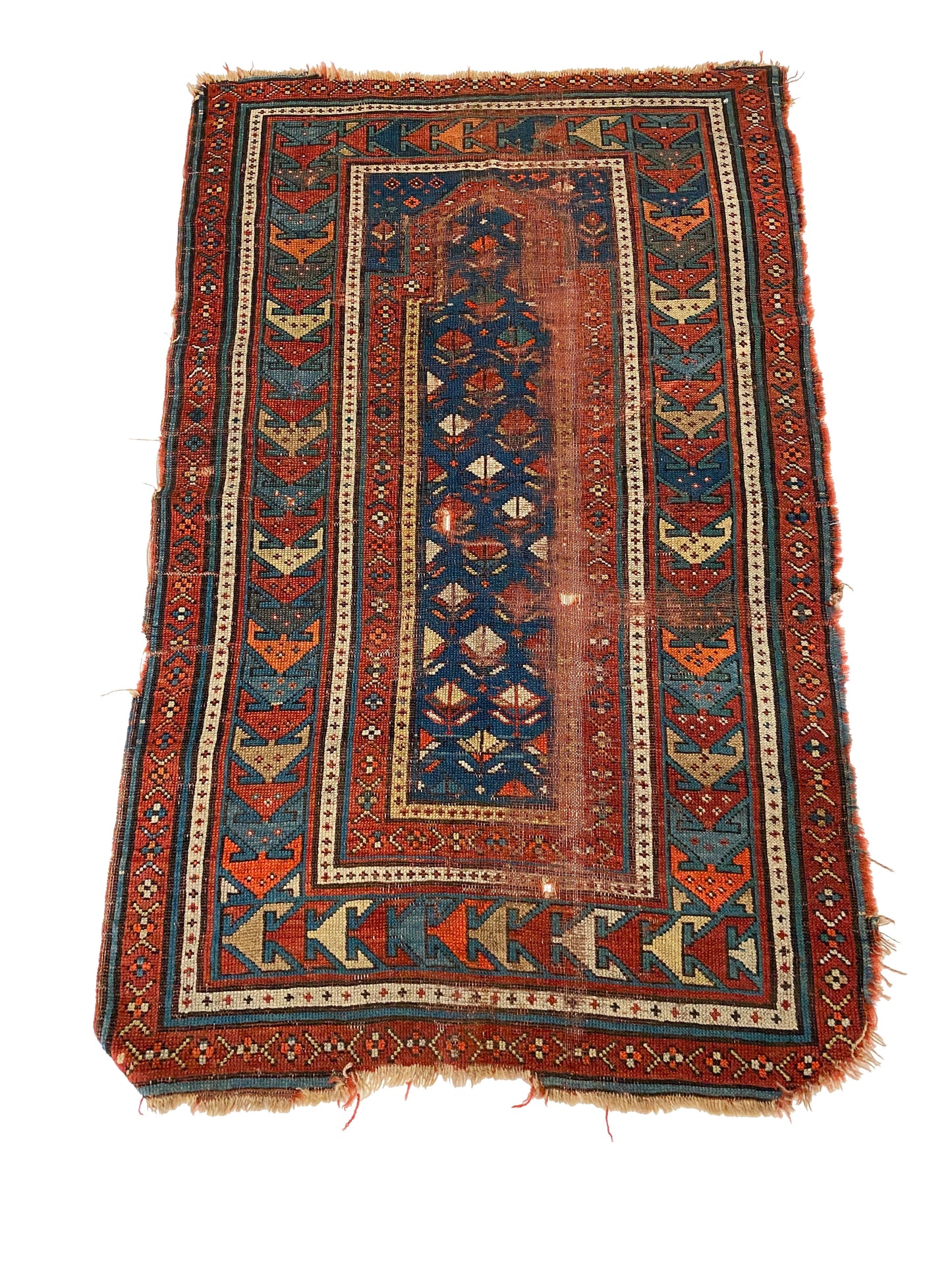 Intricately hand woven Kazak Persian rug with red, blue, orange, tan and white patterns hand woven across - Available from King Kennedy Rugs Los Angeles