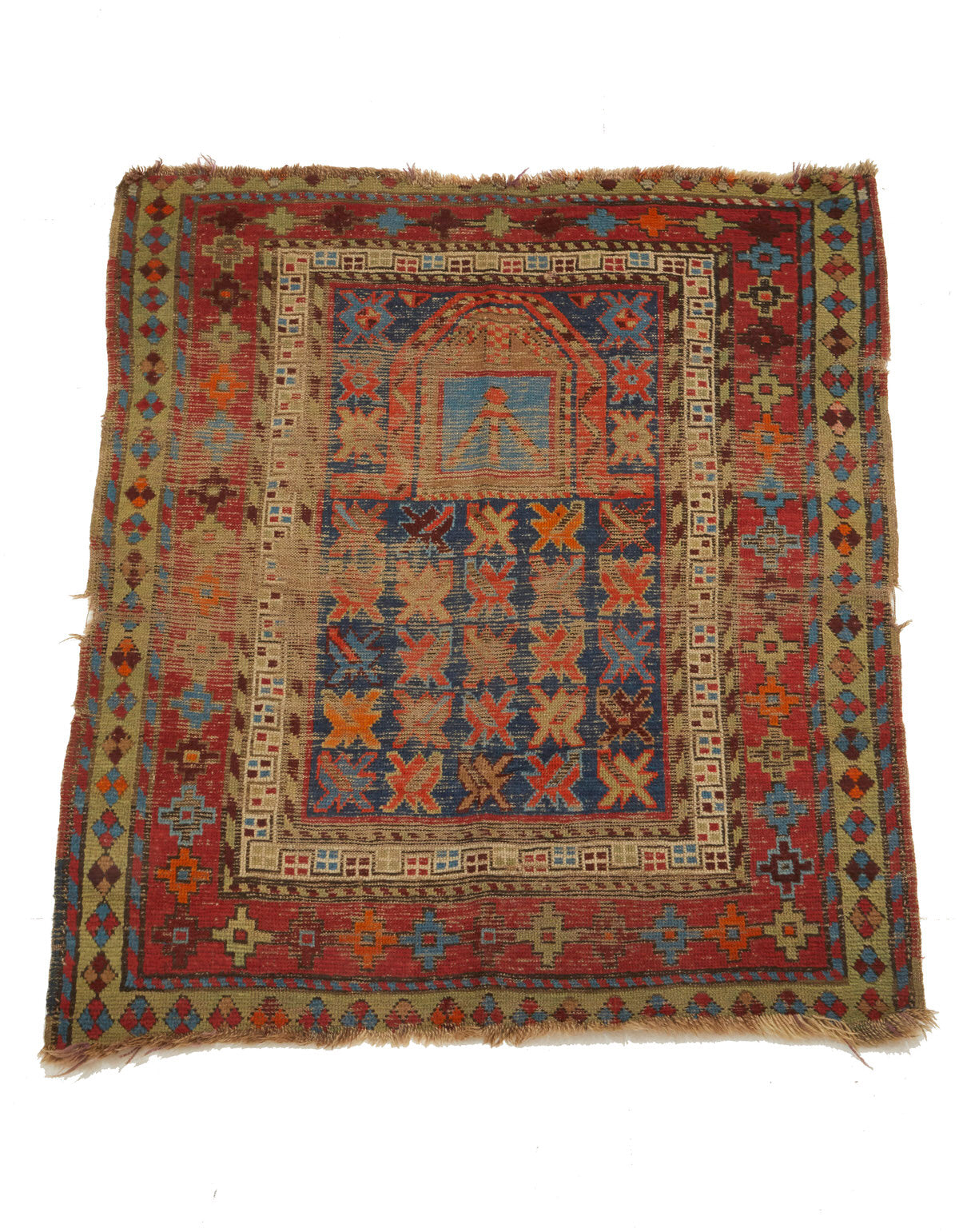Antique hand woven Kazak Caucasian Persian Rug with tan, red, blue and pale green colors - Available from King Kennedy Rugs Los Angeles 
