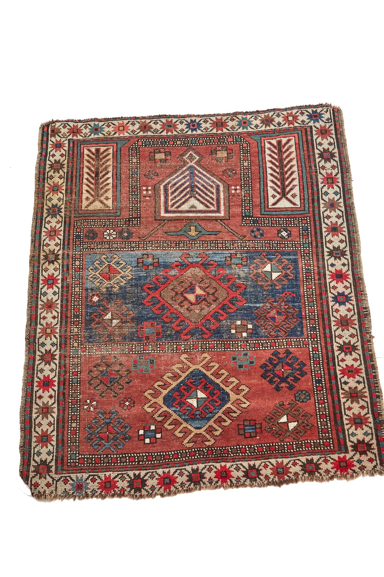 hand woven pink, blue and white antique Persian prayer rug - Available from King Kennedy Rugs Los Angeles