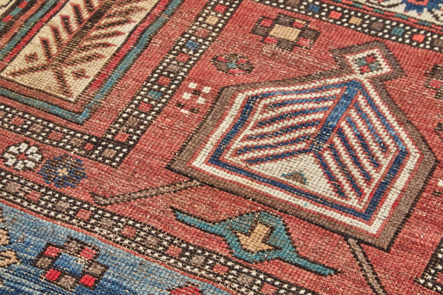 hand woven pink, blue and white antique Persian prayer rug - Available from King Kennedy Rugs Los Angeles