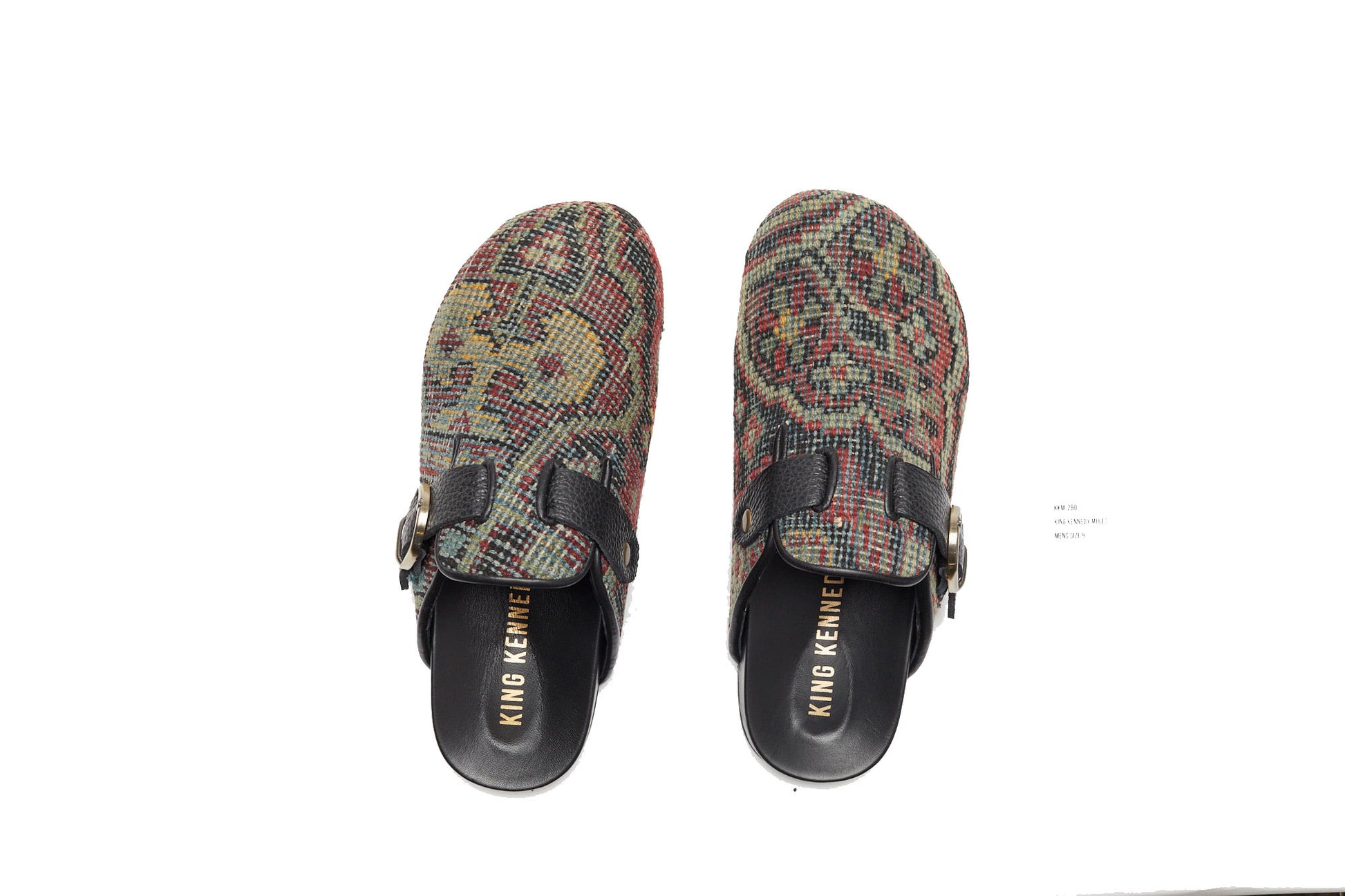 King Kennedy Rug Mules are one-of-a-kind and made of 100 year old antique Persian rug fragments with soft lambskin footbed and rubber sole. This pair is made of an antique Persian rug with beautifully faded pattern in green, red and yellow. 