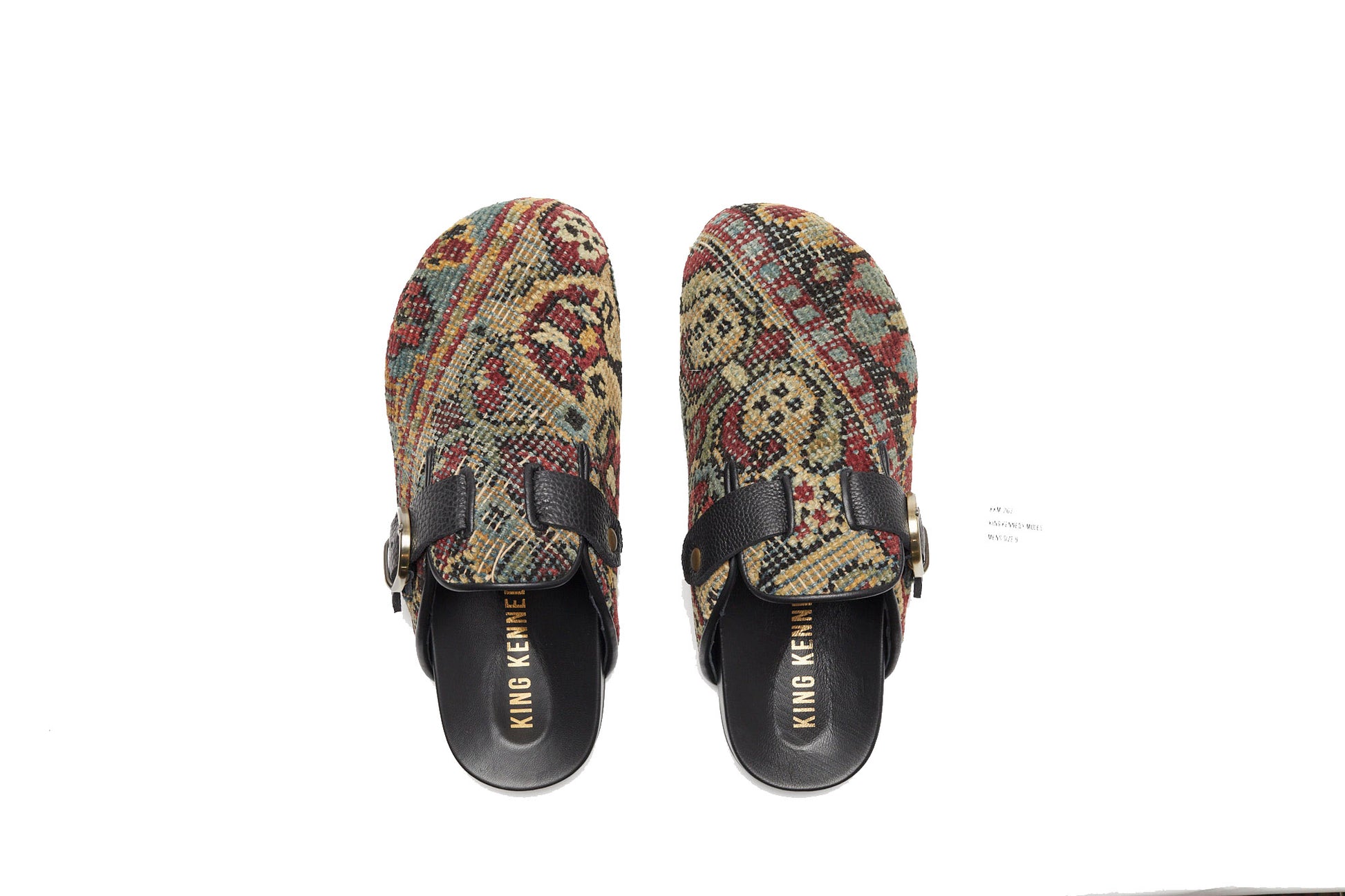 King Kennedy Rug Mules are one-of-a-kind and made of 100 year old antique Persian rug fragments with soft lambskin footbed and rubber sole. This pair is made of an antique Persian rug with beautifully faded pattern in beige, green, red, pale blue and yellow. 