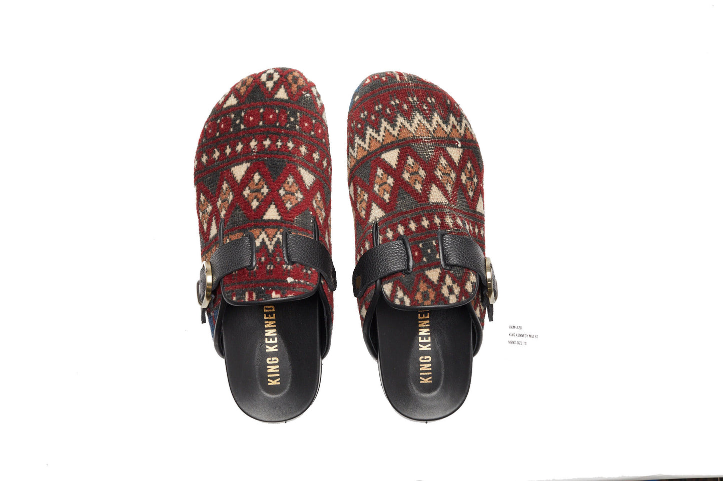 King Kennedy Rug Mules are one-of-a-kind and made of 100 year old antique Persian rug fragments with soft lambskin footbed and comfortable rubber sole. This pair is made of an antique Persian rug with vibrant deep red, cream, tan and dark grey patterns throughout.