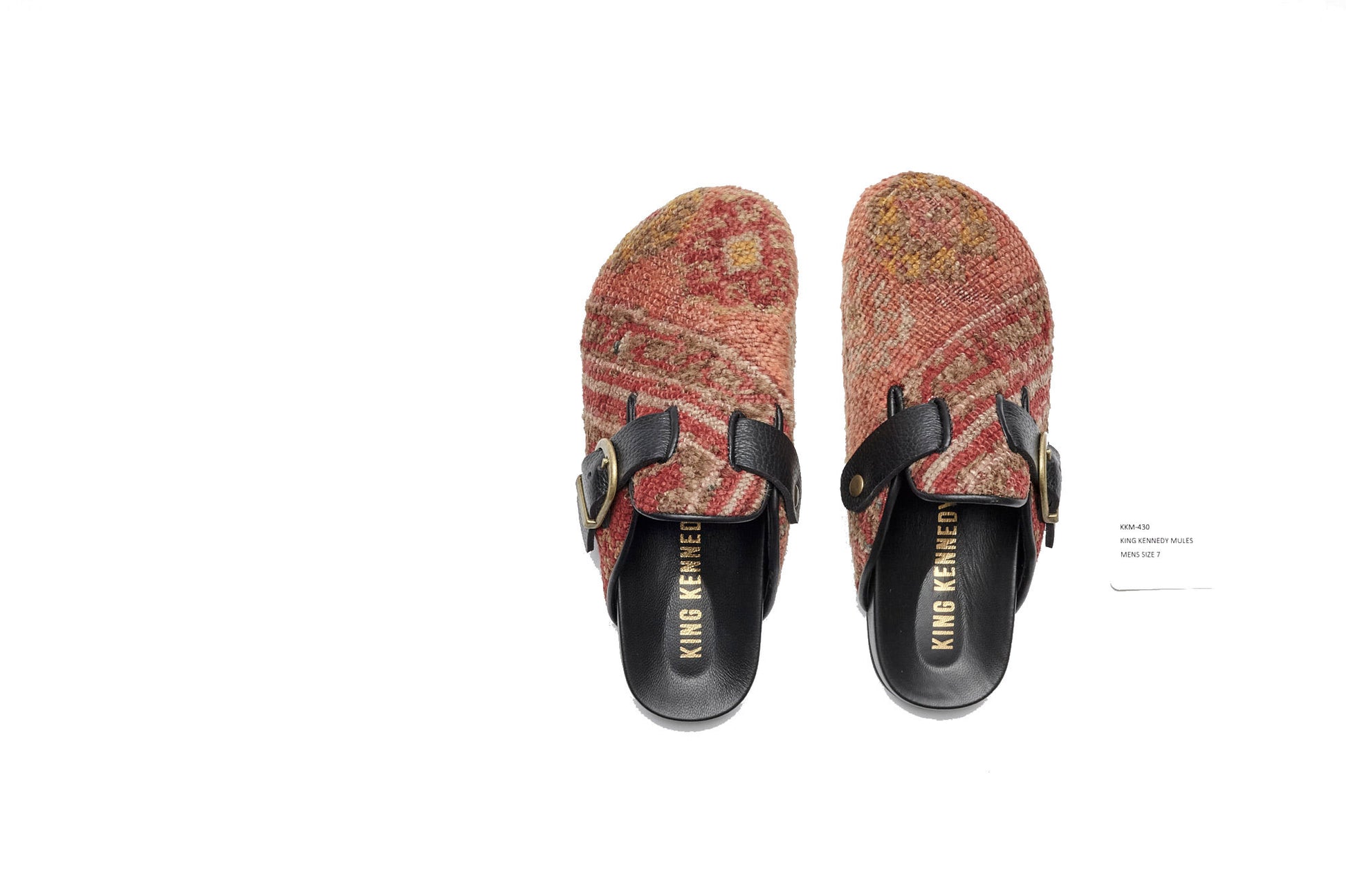 King Kennedy Rug Mules are one-of-a-kind and made of 100 year old antique Persian rug fragments with soft lambskin footbed and comfortable rubber sole. This pair is made of an antique hand knotted Persian rug with pink, red and yellow tones. 