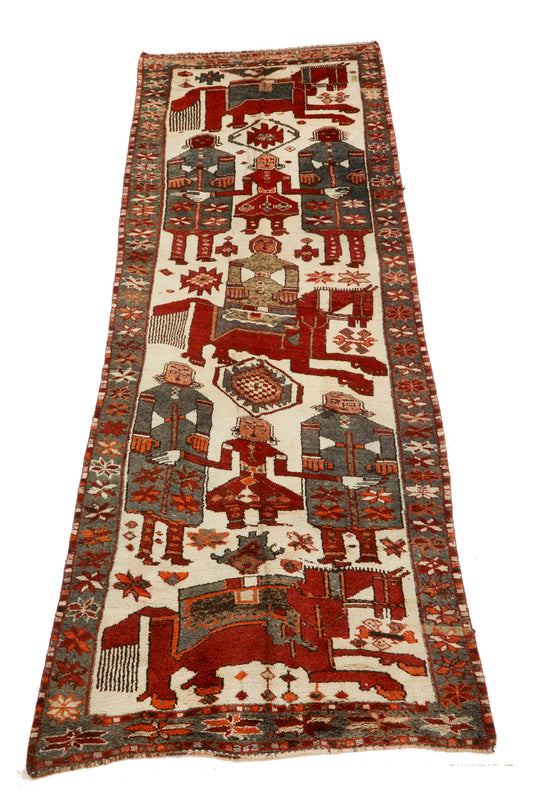Hand woven vintage Afghan Pictorial Rug - Runner area rug depicting figures and riders on horseback - Available from King Kennedy Rugs Los Angeles