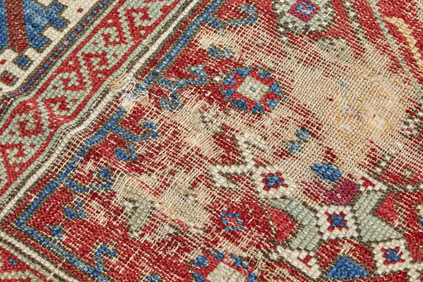hand woven antique Persian Prayer rug with red, green, blue, white and yellow weaving - Available from King Kennedy Rugs Los Angeles