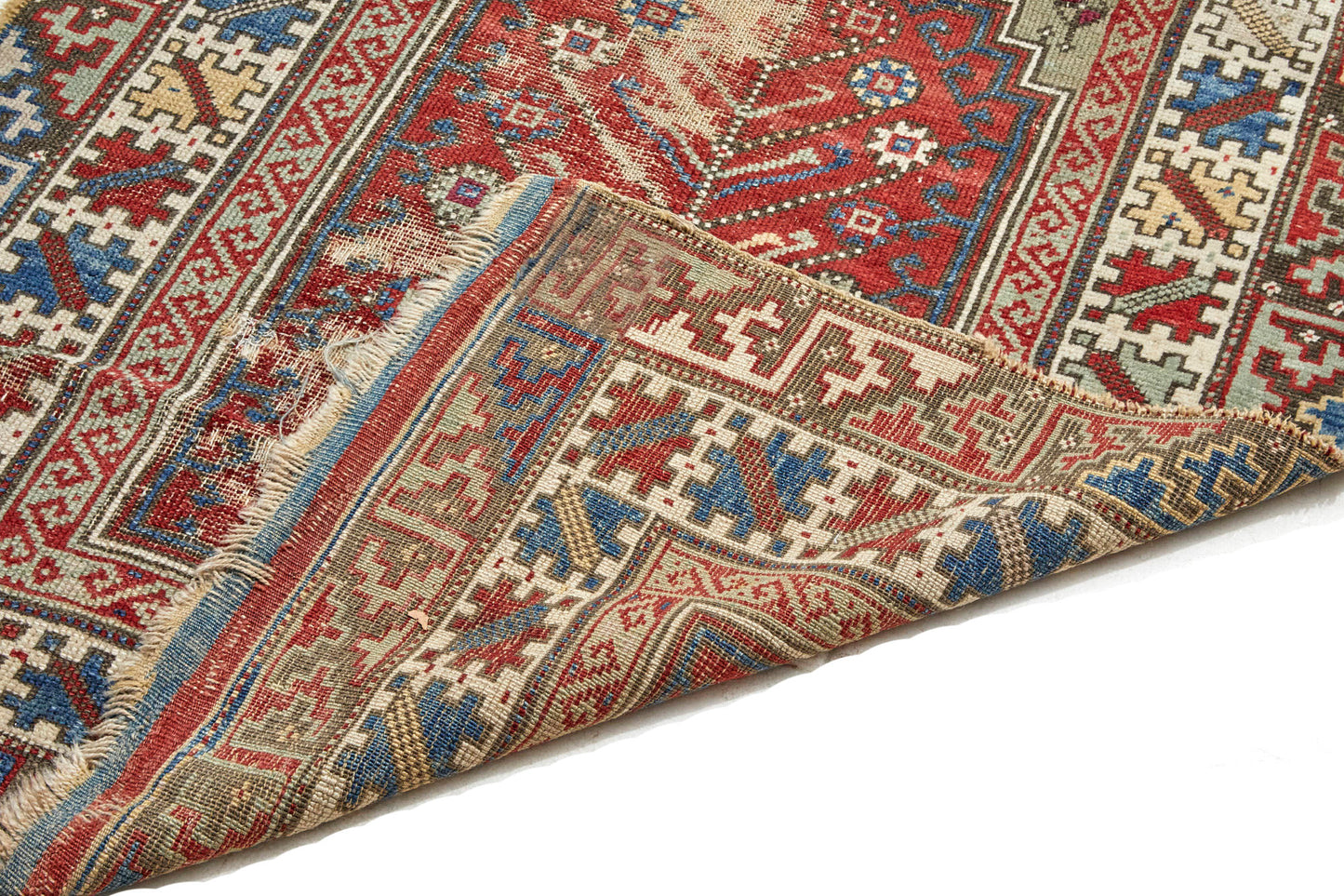 hand woven antique Persian Prayer rug with red, green, blue, white and yellow weaving - Available from King Kennedy Rugs Los Angeles