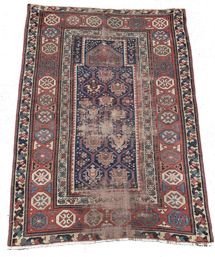 Shirvan Persian Rug blue, cream and red geometric patterns - hand woven - Available from King Kennedy Rugs Los Angeles