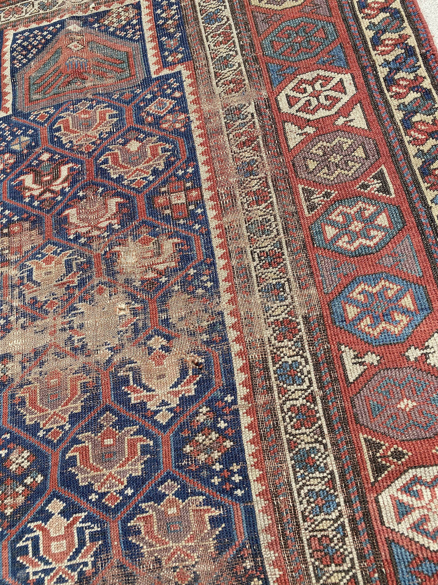 Shirvan Persian Rug blue, cream and red geometric patterns - hand woven - Available from King Kennedy Rugs Los Angeles