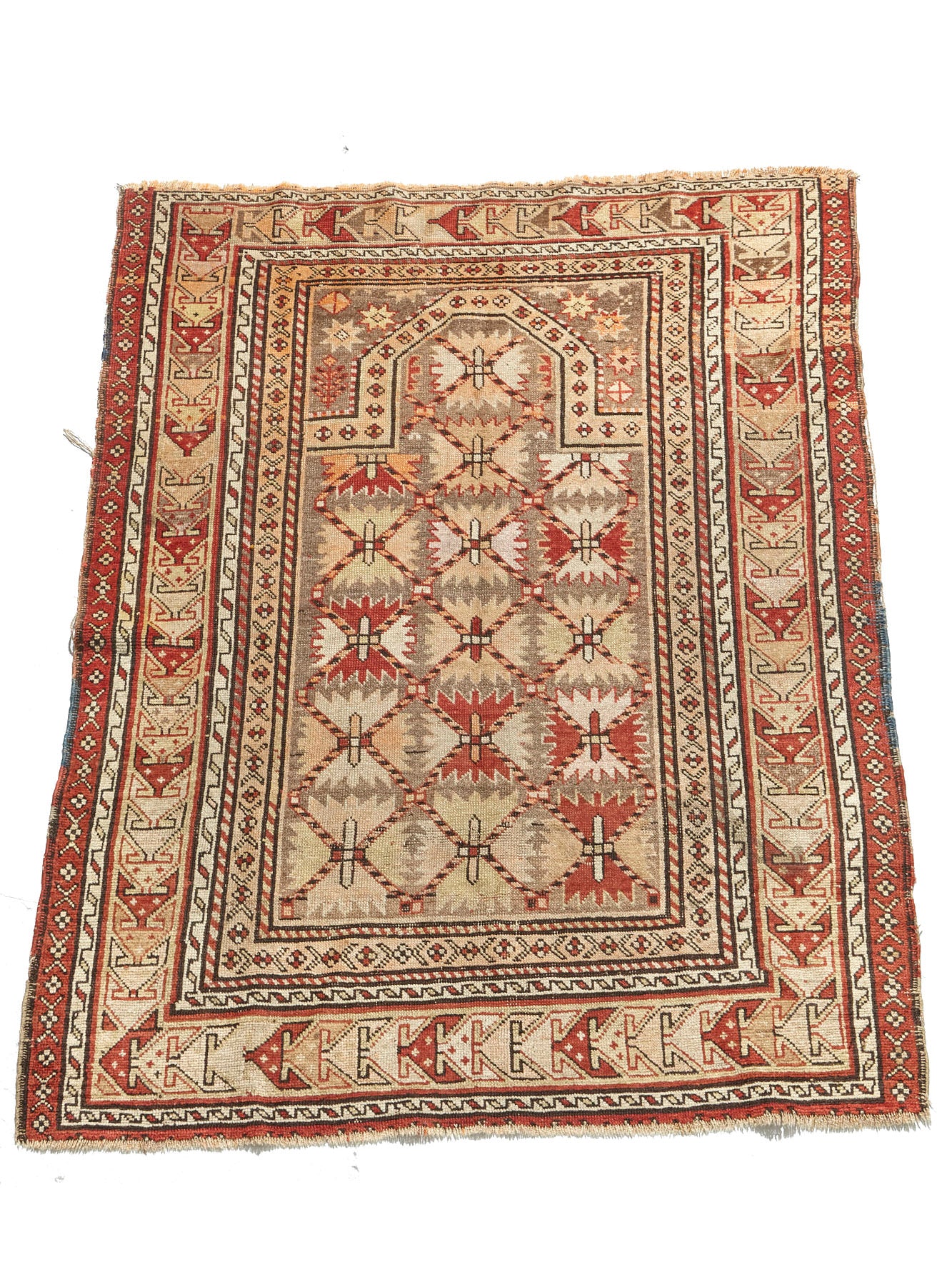 Beautiful neutrals in this hand woven antique Shirvan Prayer rug, beige tan base with red, peach and brown designs throughout. Perfect for a bedroom, office, living room or as a wall hanging - Available from King Kennedy Rugs Los Angeles 