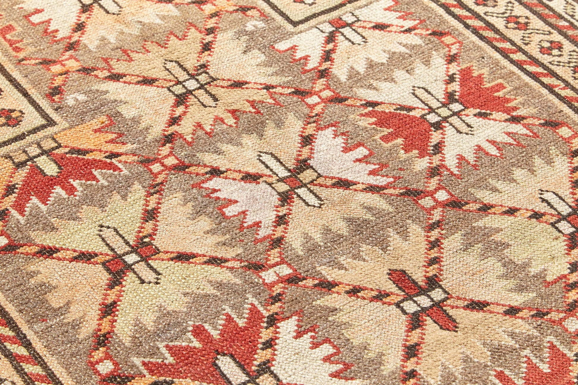Beautiful neutrals in this hand woven antique Shirvan Prayer rug, beige tan base with red, peach and brown designs throughout. Perfect for a bedroom, office, living room or as a wall hanging - Available from King Kennedy Rugs Los Angeles