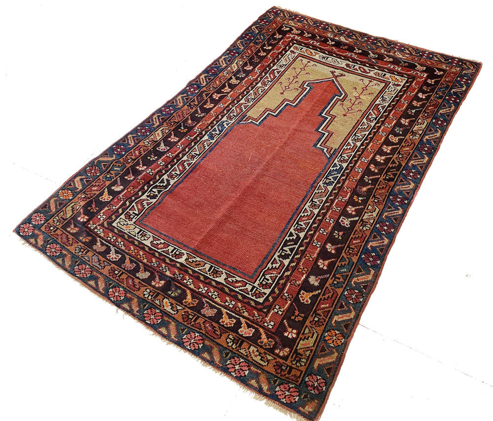 Hand woven earth tone Turkish Prayer Rug with Rust, gold, brown colors - King Kennedy Rugs Los Angeles 