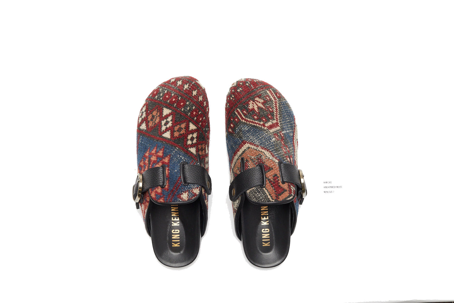 King Kennedy Rug Mules are one-of-a-kind and made of 100 year old antique Persian rug fragments with soft lambskin footbed and rubber sole. This pair is made of an antique Persian rug in pale blue with red, cream, tan and grey designs throughout. Similar in shape to the birkenstock boston clog. 