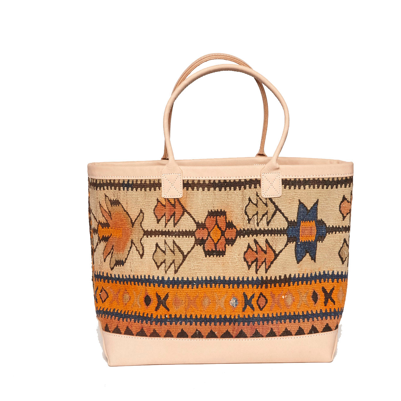 One of a kind King Kennedy Rug tote with orange, cream, blue floral flatweave pattern. With pale beige leather handle and boot. Perfect for running around the city all day or a jaunt to the farmers market