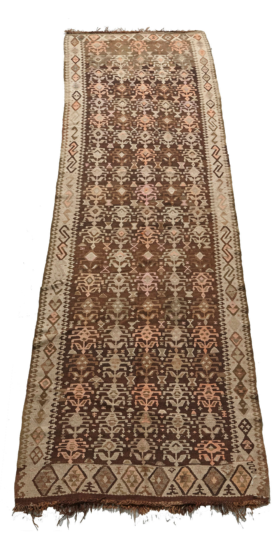 Kilim hand woven antique Persian Rug in neutral earth tones. Runner rug, perfect for a hallway or kitchen rug - Available from King Kennedy Rugs Los Angeles 
